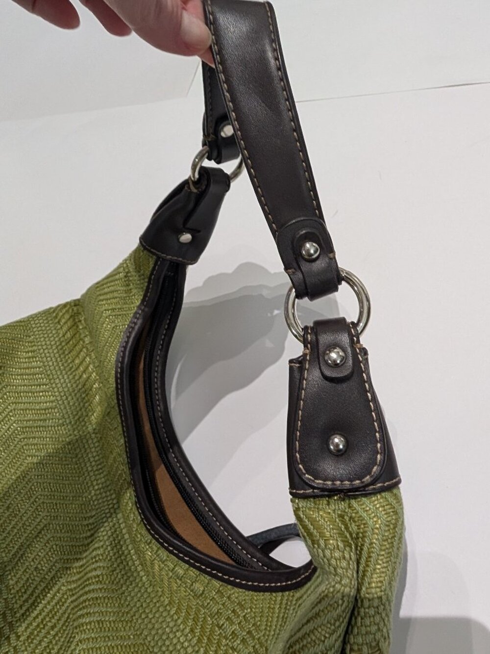 Worthington Green Cotton Woven Hobo Shoulder Bag with Brown Leather Accents - Picture 9 of 11